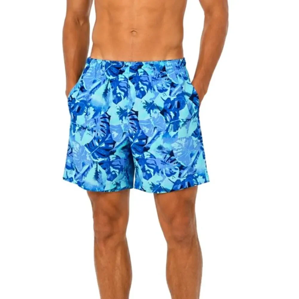 Columbia PFG Blue Tropical Leaf Print Swim Trunks Medium Omni-Shade Mesh Lined